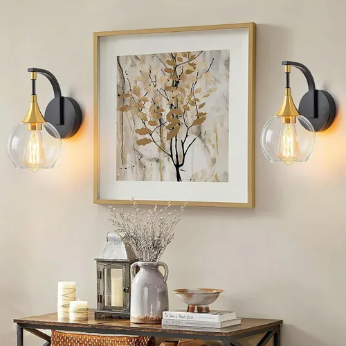 Miniatura 4 de Lámpara de pared de baño de 1 luz, lámpara de pared negra y dorada con pantalla de vidrio transparente, lámpara de pared moderna para interiores