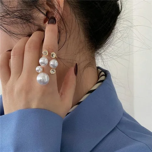 Miniatura 4 de Cicod Anillo de perlas vintage, apilables, anillos de perlas ajustables, anillo de dedo completo de perlas abiertas, joyería de moda para mujeres
