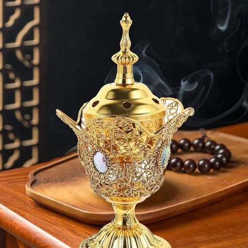 Miniatura 2 de Quemador de incienso eléctrico de metal, estilo de Oriente Medio, incensario eléctrico de mesa para hogar, oficina, yoga, spa, decoración de Dorado