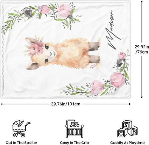 Miniatura 4 de Manta de bebé personalizada con llama, manta de bebé para niña pequeña, manta de bebé floral con nombre que recibe manta de bebé, manta de felpa
