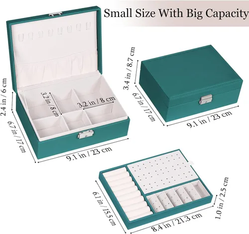 Miniatura 30 de Joyero para mujeres y niñas, contenedor organizador de joyas de 2 capas con cerradura, estuche de almacenamiento de piel sintética con bandeja