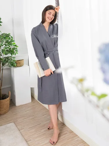 Miniatura 3 de AW BRIDAL 2Pcs Couple's Cotton Waffle Knit Robes Embroidered Lightweight Spa Robes Dressing Gown Bridal Robes for Men Women