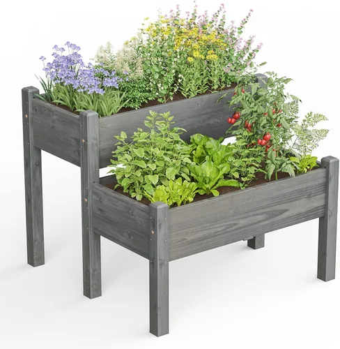 Miniatura 8 de Giantex Juego de 2 camas de jardín elevadas, caja de madera elevada, kit de cama elevada para flores, verduras, frutas, hierbas, contenedor de Gris