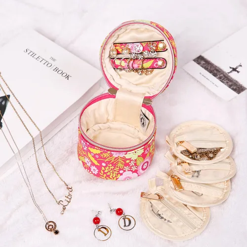 Miniatura 6 de Angelina's Palace Round Jewelry Organizer Case Travel Bag Bridesmaid Gifts Vegan Leather Box for Necklace Earring Bracelet Ring(blossom fuschia)