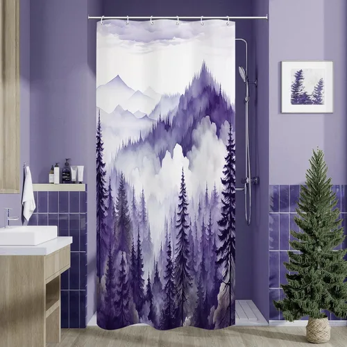 Miniatura 24 de Litabel - Cortina de ducha negra pequeña de 36 x 72 pulgadas, diseño de bosque de pino neblinoso, cortinas de ducha estrechas de medio