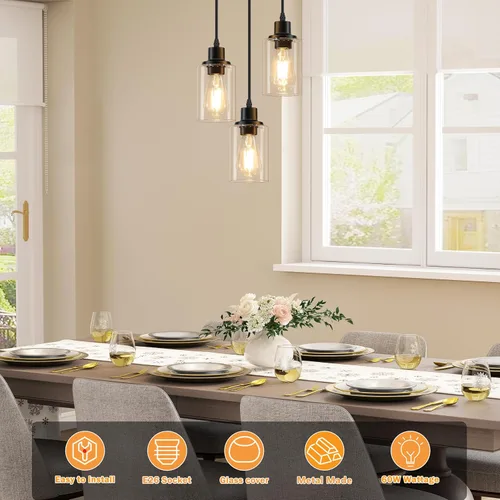 Miniatura 3 de Licperron Lámparas colgantes de 3 luces, luces colgantes negras para isla de cocina, iluminación colgante ajustable con pantalla de vidrio