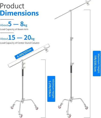 Miniatura 6 de NEEWER Pro Soporte en C de 100% metal con ruedas, soporte de luz con altura máxima de 330 cm/10.8 pies, soporte de reflector ajustable con brazo