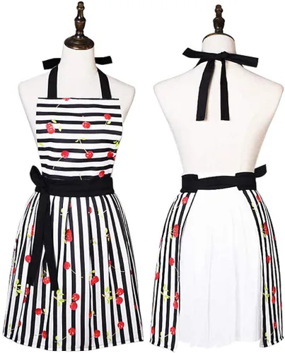 Miniatura 3 de Encantador y cómodo Claccic Negro Rayas y Moda Cereza Falda Delantal Mujer Cocina Mujer Delantal para damas Niñas Esposa Hija (negro), Negro