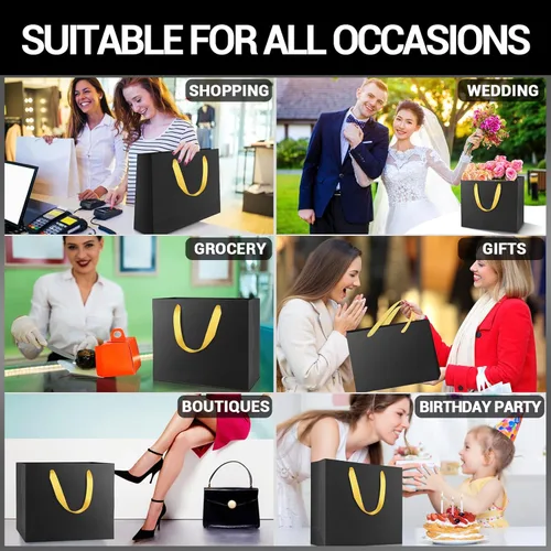 Miniatura 5 de EUSOAR Bolsas grandes de compras negras con asas doradas, paquete de 25 bolsas de regalo de 12.5 x 4.5 x 11 pulgadas, asas a granel, bolsas de Asas