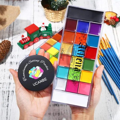 Miniatura 6 de UCANBE Athena - Paleta de aceite de pintura facial y cuerpo + polvo de ajuste translúcido + juego de 10 pinceles, kit profesional no tóxico