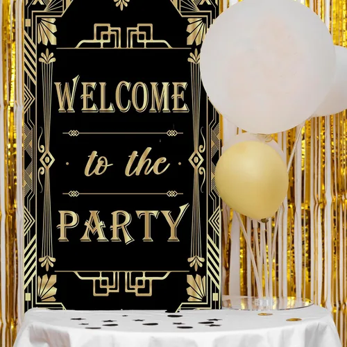 Miniatura 5 de Decoración de pancarta de bienvenida a la fiesta: decoraciones de fiesta temática de Gatsby de los años 20 – Cubierta de puerta estilo jazz