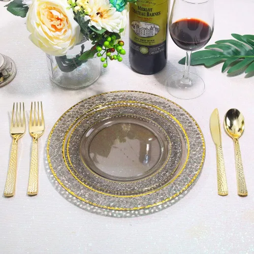 Miniatura 5 de Nervure - Platos de plástico, negro transparente con diseño de borde dorado desechables, platos de plástico para fiestas de boda, incluye 51 platos
