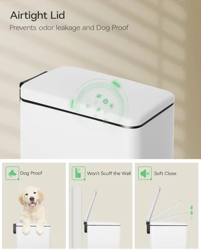 Miniatura 4 de Nunsino Cubo de basura pequeño para baño con 15 bolsas de basura, cubo de basura de acero inoxidable de 2.6 galones con tapa de cierre suave, Blanco