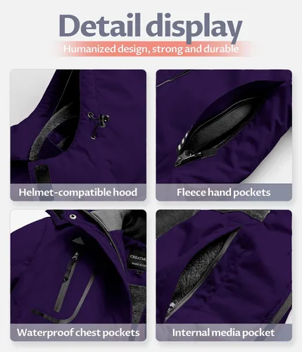 Miniatura 7 de CREATMO US Chaqueta de esquí impermeable de montaña para mujer, resistente al viento, chaqueta de snowboard cálida para invierno