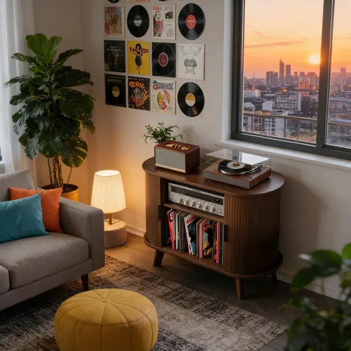 Miniatura 9 de Soporte para tocadiscos, mueble moderno de mediados de siglo con puertas correderas, gabinete de estantería de audio-video, soporte de medios