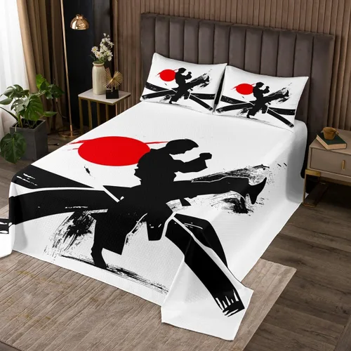 Miniatura 8 de Kungfu - Juego de edredón ligero para niños y adolescentes, colcha de teñido anudado de tinta, funda de cama negra y roja, juego de ropa de cama