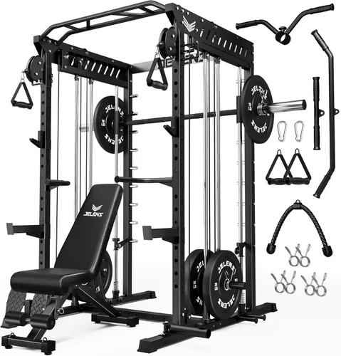 JELENS M21 - Máquina Smith, jaula de potencia multifunción con sistema de cruce de cable de polea doble, banco de sentadillas todo en uno de 907 kg