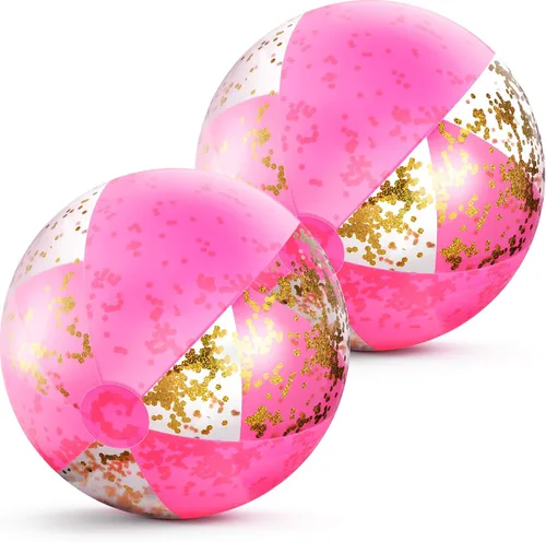 BBTO Pelota de playa inflable con purpurina de 16 pulgadas, bolas de confeti para piscina, bolas de playa rosas para adultos, niños y niñas,