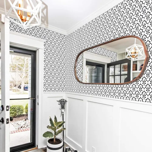 Miniatura 5 de GloryTik Geometry - Papel tapiz texturizado en blanco y negro de 17.7 x 393.7 pulgadas, papel de contacto decorativo de enrejado moderno extraíble