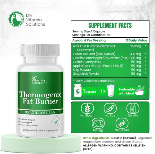 Miniatura 3 de Quemador de grasa termogénico para mujeres y hombres, píldoras de dieta magra brasileña Supresor del apetito y potenciador del metabolismo con té