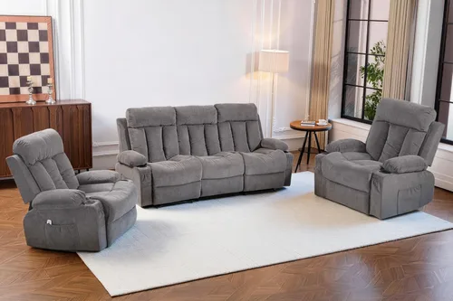 Miniatura 19 de Juego de sofá reclinable manual, 3 piezas con bolsillos laterales, portavasos para cine en casa, oficina (azul, sofá biplaza+silla)