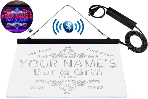 Miniatura 8 de Letrero de luz de neón LED tricolor personalizado para bar y parrilla, nombre personalizado, fecha, texto, cita, fuente blanco, azul y rojo, 17.7 x