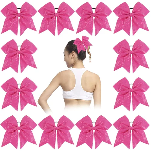 Miniatura 21 de Oaoleer 12 lazos grandes con purpurina para el pelo de 7 pulgadas, banda elástica hecha a mano para animadoras, adolescentes, niñas, deportes Negro