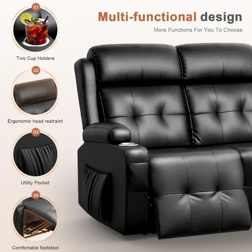 Miniatura 7 de Sofá Reclinable Loveseat para RV, Sofá Reclinable de Masaje de 3 Asientos Abrazador de Pared con USB, Bolsillos Integrados, Portavasos, Sofás Cama