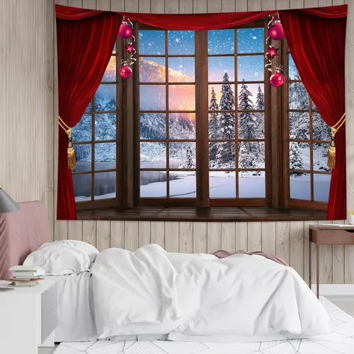 Miniatura 16 de LB Tapiz de Navidad de invierno, ventana de invierno exterior, pino nevado en bosque, tapiz de pared para dormitorio, paisaje de montaña, arte
