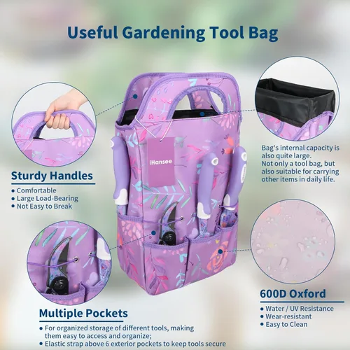 Miniatura 5 de Juego de herramientas de jardín morado de 10 piezas, herramientas de mano de aleación de aluminio y acero con mango ergonómico antideslizante, bolsa