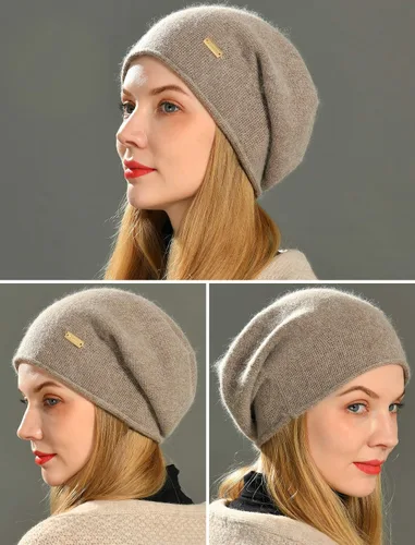 Miniatura 6 de jaxmonoy Gorro de punto holgado de cachemira para mujer, gorro de invierno suave y cálido de lana para mujer