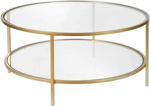 Miniatura 5 de Pemberly Row Mesa de centro redonda moderna de 36 pulgadas con tapa de vidrio templado y base de metal, estante abierto, fácil montaje, en acabado