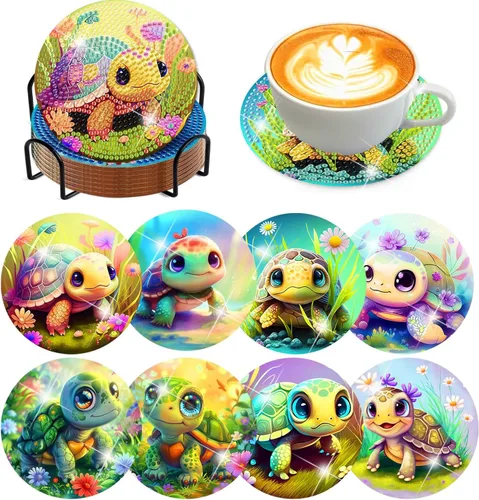 Miniatura 11 de Meothan Juego de 8 posavasos de arte de diamante para adultos con soporte, almohadillas de corcho, posavasos de arte de puntos de diamante de vidrio