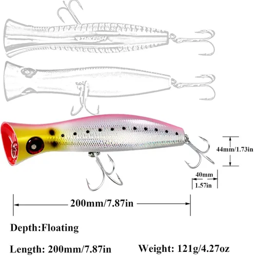 Miniatura 5 de THKFISH Topwater Señuelos de pesca de agua salada GT Popper con 3 ganchos fuertes, pesca de surf, 1 unidad/3 piezas 3 unidades de 3