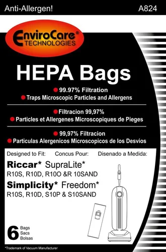 Miniatura 2 de EnviroCare Bolsas de repuesto para aspiradora HEPA diseñadas para adaptarse a aspiradoras verticales Riccar SupraLite y Simplicity Freedom