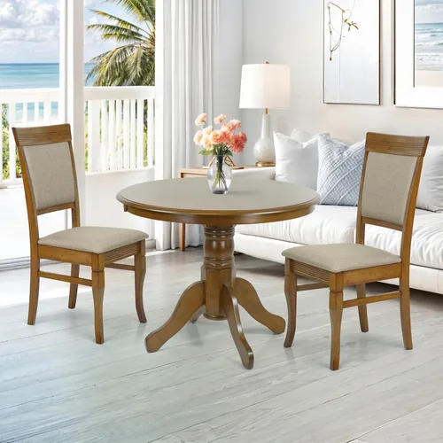 Miniatura 10 de Juego de mesa de comedor de 3 piezas, 2 sillas tapizadas Ronda de madera maciza de estilo clásico con mesa de comedor redonda, juego de cocina