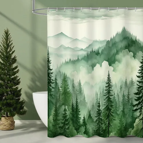 Miniatura 20 de Litabel - Cortina de ducha negra pequeña de 36 x 72 pulgadas, diseño de bosque de pino neblinoso, cortinas de ducha estrechas de medio