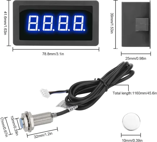 Miniatura 5 de EEEkit Tacómetro de 4 dígitos con LED azul, medidor de velocidad RPM digital para motores con sensor Hall NPN de interruptor de proximidad