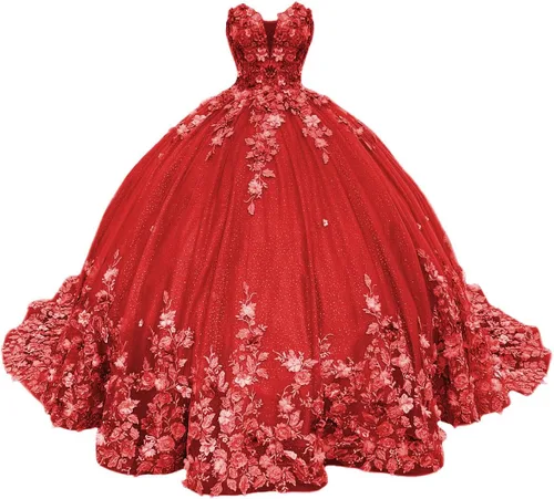Zhangyo Vestidos de quinceañera de flores 3D sin tirantes con apliques de tren de tul dulce 16 vestidos con cuentas vestido de quinceañera hinchado