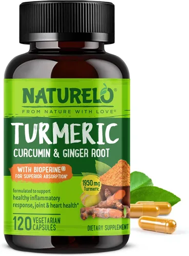 NATURELO Curcumina de cúrcuma - BioPerine para una mejor absorción - Pimienta negra, raíz de jengibre, curcuminoides - Apoyo a las molestias
