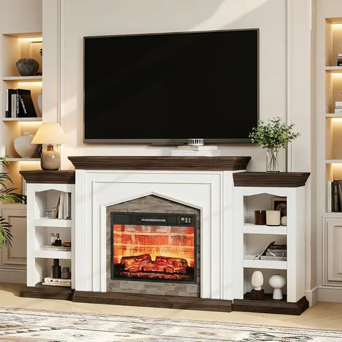 Miniatura 11 de LGHM Soporte de TV con Chimenea Eléctrica LED con Tomacorriente, Repisa de Chimenea de 72'' para TVs de hasta 80'', Centro de Entretenimiento Blanco