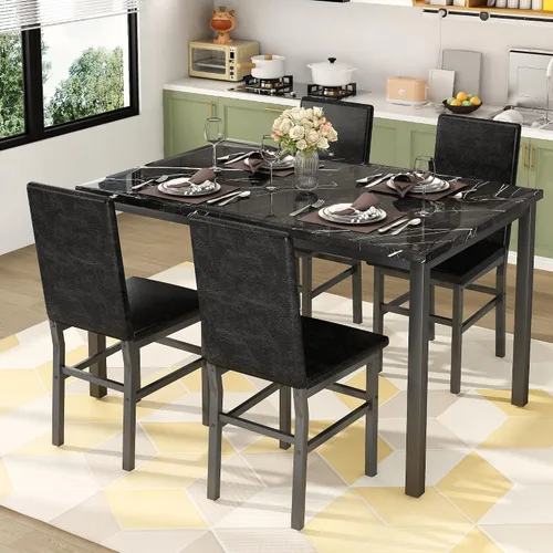 Miniatura 6 de Juego de mesa de comedor para 4, juego de comedor de mármol sintético de 5 piezas, 4 sillas tapizadas de poliuretano, muebles de mesa de cocina