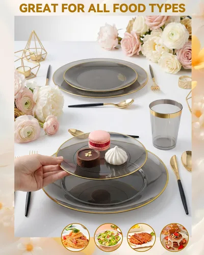 Miniatura 6 de Supernal Juego de vajilla de plástico negro y dorado de 180 piezas para 30 invitados, elegantes platos desechables con cubiertos y tazas de plástico