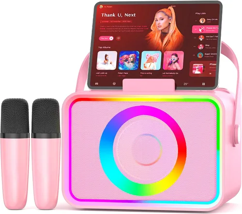 Miniatura 9 de Máquina de karaoke, altavoz Bluetooth portátil con 2 micrófonos inalámbricos para adultos y niños con luces LED, micrófono de karaoke, compatible