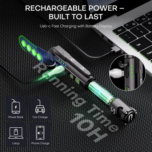 Miniatura 3 de Linterna EDC recargable, linterna pequeña de 800 lúmenes con clip magnético y base, linterna LED de 11 modos, rompedor de vidrio y abridor