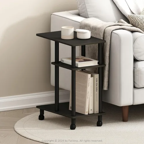 Miniatura 13 de Furinno Turn-N-Tube - Mesa auxiliar rectangular de 2 niveles con ruedas, mesita de noche de esquina redonda, mesita de noche con estante abierto