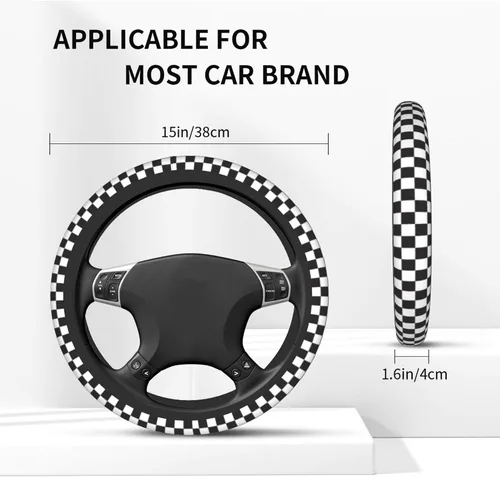 Miniatura 4 de Funda de volante para mujeres y hombres, tablero de ajedrez a cuadros en blanco y negro, protector de volante de neopreno, ajuste universal