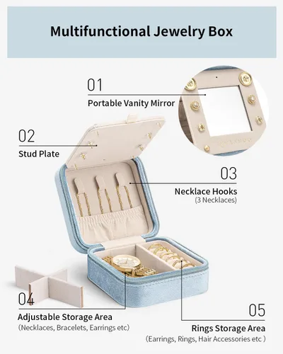 Miniatura 3 de Vlando Organizador de joyas de viaje para mujer - Organizador de collares, aretes y anillos - azul
