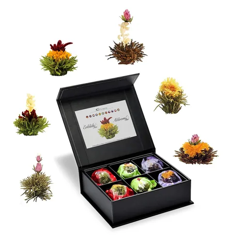 Miniatura 7 de Creano Juego de 6 flores de té verde en elegante caja magnética con relieve plateado