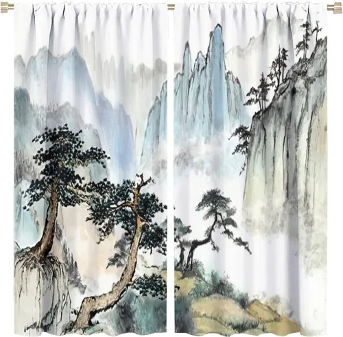 Miniatura 19 de Cortina japonesa con diseño de cerezo en flor, montañas, río, nubes, pinos, paisaje, naturaleza, asiático, anime, oscurecimiento de habitación